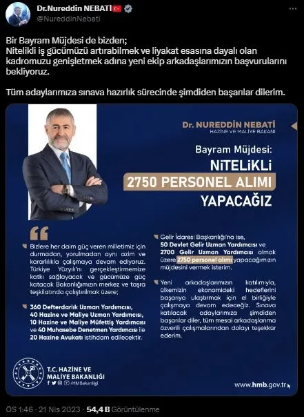 Hazine ve Maliye Bakanı Nureddin Nebati’den bayram müjdesi: 3220 personel alınacak