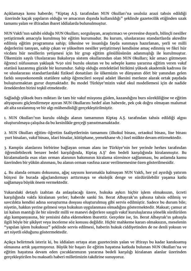 Cumhuriyet’in Berat Albayrak ve Nun Vakfı’nı hedef alan iddialarına yalanlama