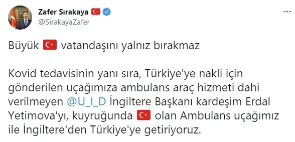 Londra’daki Türk koronavirüs hastası ülkeye getirildi