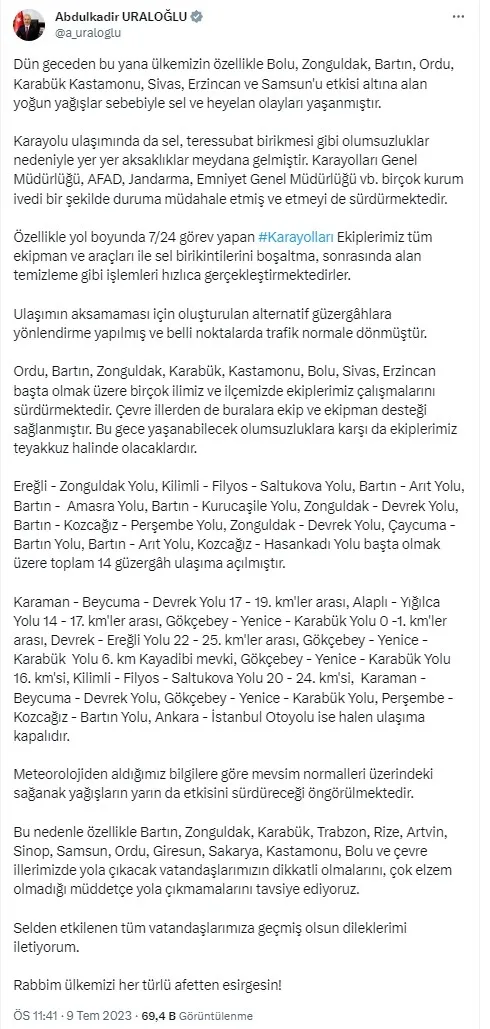 TEM Otoyolu’nda heyelan! Ankara - İstanbul yönü trafiğe kapandı | Ulaştırma Bakanı Abdulkadir Uraloğlu: Araçlar için önlem aldık