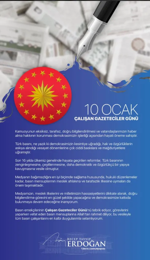 Başkan Erdoğan’dan 10 Ocak Çalışan Gazeteciler Günü mesajı