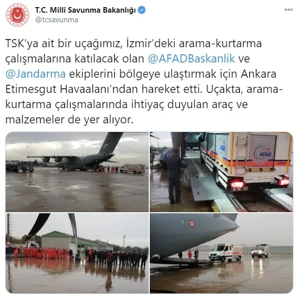 Son dakika: Milli Savunma Bakanlığı’ndan İzmir depremi kararı: TSK’ya ait uçak havalandı
