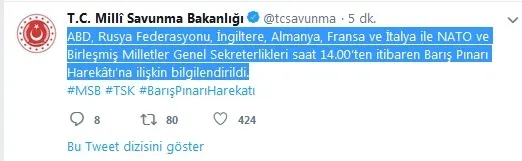 Milli Savunma Bakanlığı’ndan Barış Pınarı Harekatı açıklaması
