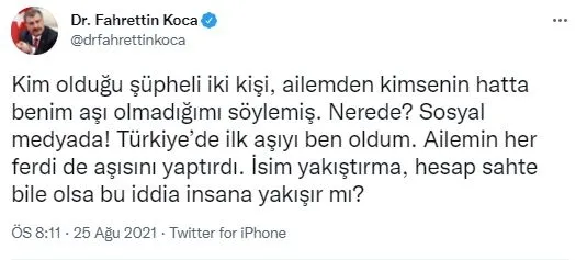 Son dakika: Sağlık Bakanı Fahrettin Koca’dan kendisinin ve ailesinin aşı olmadığı iddialarına yalanlama
