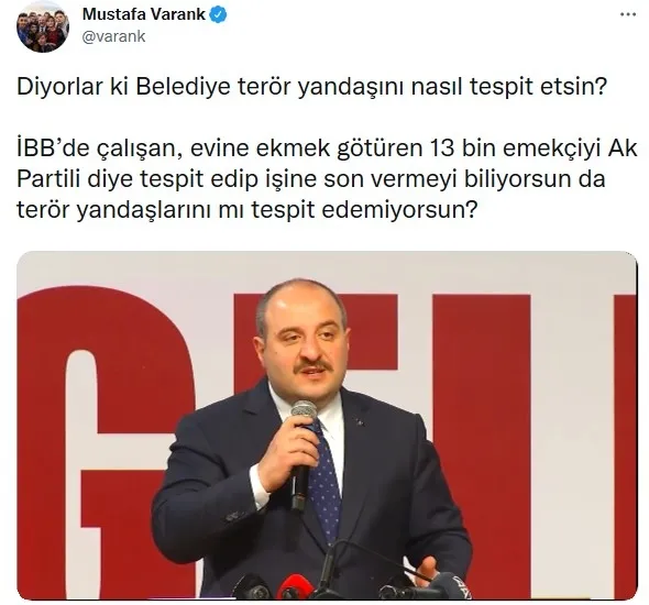 bakan-mustafa-varanktan-isci-kiyimi-yapan-ekrem-imamogluna-teror-yandaslarini-mi-tespit-edemiyorsun-1651596075341.jpg Bakan Mustafa Varank’tan “işçi kıyımı” yapan Ekrem İmamoğlu’na: Terör yandaşlarını mı tespit edemiyorsun? - 1