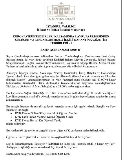 İstanbul Valiliği açıkladı: Avrupa’dan gelenler 14 gün karantinada kalacak - 1