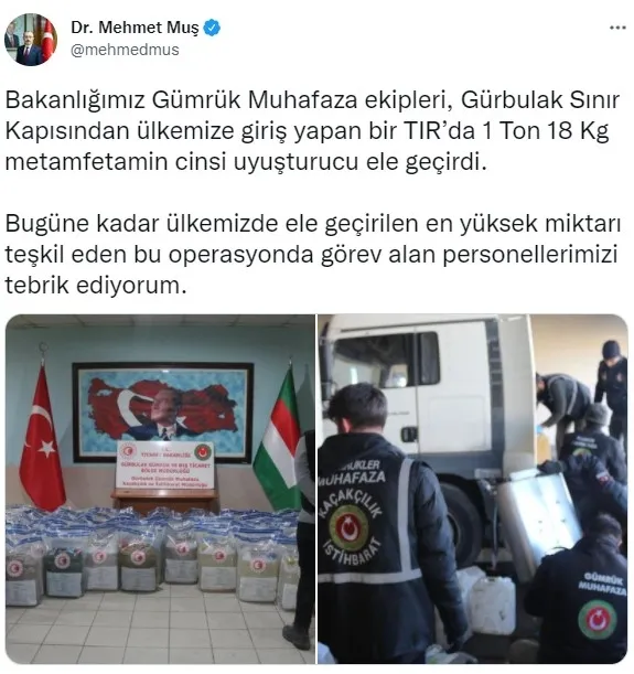 Ticaret Bakanı Mehmet Muş: TIR’da 1 ton 18 kg uyuşturucu ele geçirildi - 1