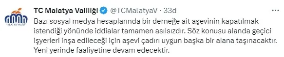 Malatya Valiliğinden Temel Karamollaoğlu’nun Aşevinin Kapatılması Kararı iddiasına yalanlama: Tamamen asılsızdır!