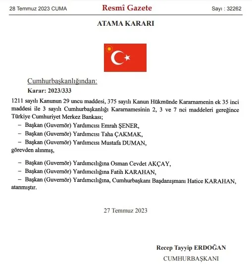 Başkan Erdoğan’ın kararları Resmi Gazete’de! Merkez Bankası Başkan Yardımcılığı’na yeni isimler atandı