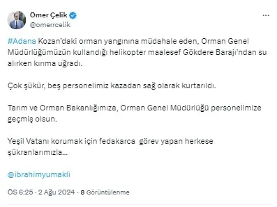 adanada-yangin-sondurme-helikopteri-dustu-5-personel-kurtarildi-1722612554344.jpg AK Parti Sözcüsü Ömer Çelik'in X hesabından yaptığı paylaşım.