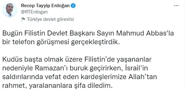 Başkan Erdoğan Filistin Devlet Başkanı Mahmud Abbas ile görüştü: İsrail'in Mescid-i Aksa'ya saldırılarını kınıyorum - 1