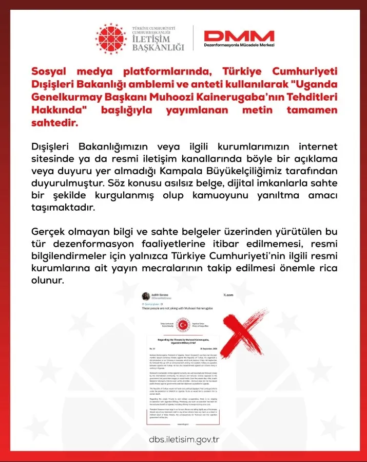 DMM, Dışişleri Bakanlığı amblemi ve anteti kullanılarak Uganda