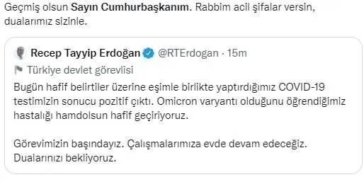 Başkan Recep Tayyip Erdoğan’ın koronavirüs testi pozitif çıktı