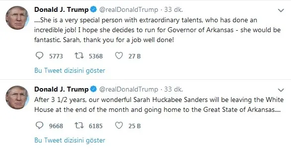 Trump, Sarah Sanders’ın istifa haberini duyurdu