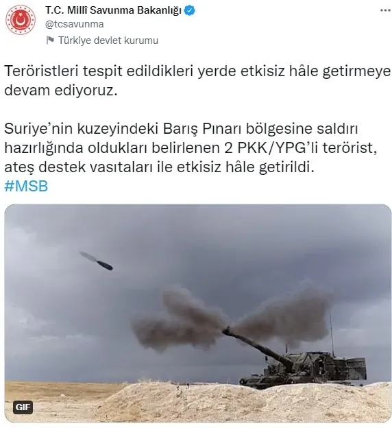 Son dakika: MSB: Barış Pınarı bölgesinde 2 PKK’lı öldürüldü