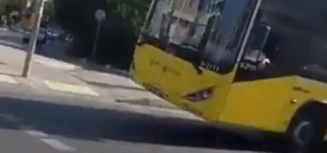 Tekeri patlayan İETT otobüsü bir kısmı havada yola devam etti