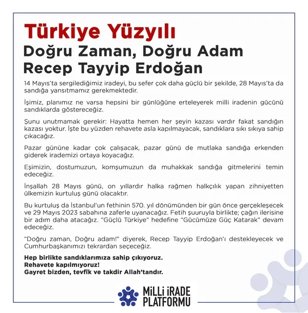 milli-irade-platformundan-baskan-erdogana-28-mayis-destegi-1685025893215.jpg Milli İrade Platformu'ndan Başkan Erdoğan'a 28 Mayıs desteği: İrademizi güçlü şekilde sandığa yansıtmalıyız - 4