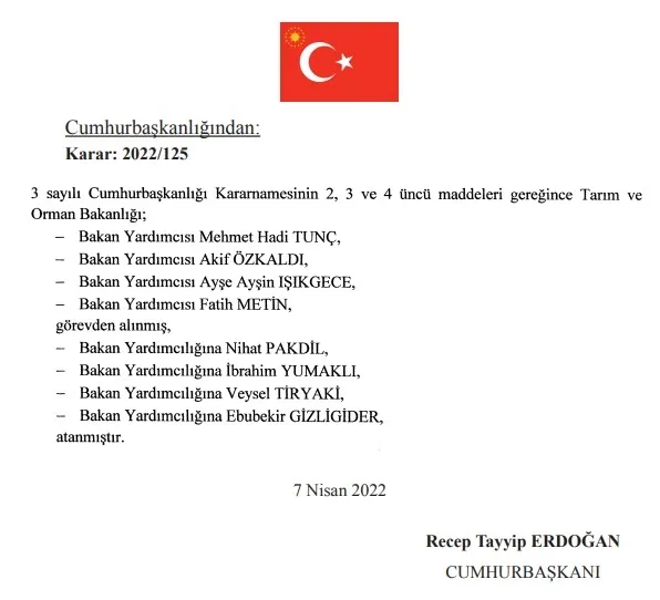 Tarım ve Orman Bakanlığında 4 bakan yardımcısı görevden alındı
