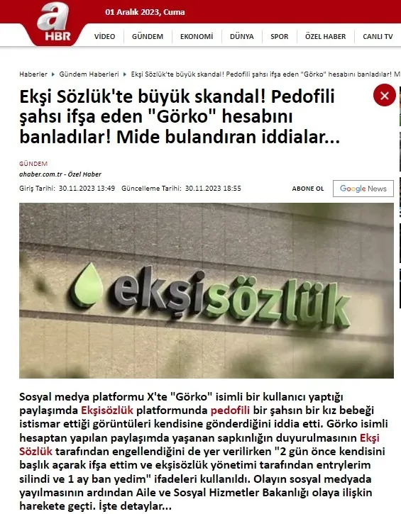 Ekşi Sözlük’ten pedofili skandalını örtbas çabası! ahaber.com.tr’nin gündeme getirdiği skandal! Kapatmak için neyi bekliyorsunuz?