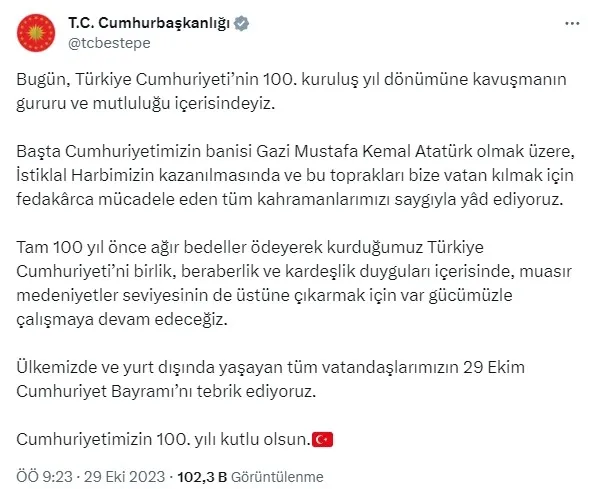 Başkan Erdoğan’dan Cumhuriyetin 100’üncü yıl dönümü mesajı: Canıgönülden tebrik ediyorum