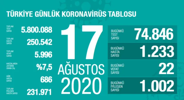 18 Ağustos koronavirüs tablosu: Türkiye’de corona virüsü vaka sayısı kaç oldu? Koronadan kaç kişi öldü?