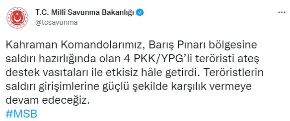 Son dakika: Barış Pınarı bölgesinde 4 PKK'lı terörist etkisiz hale getirildi - 1