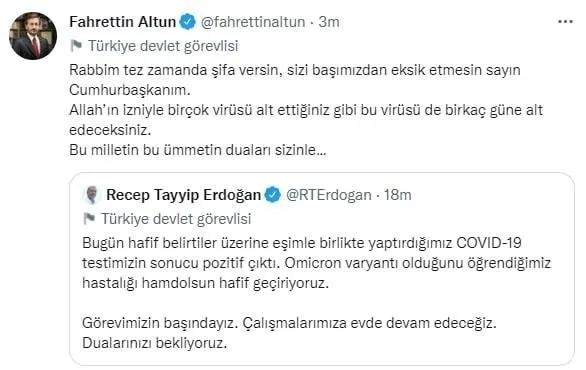 Başkan Recep Tayyip Erdoğan’ın koronavirüs testi pozitif çıktı