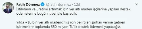 Bakan Dönmez açıkladı: Yer altı maden işçilerine destek ödemeleri başladı - 1