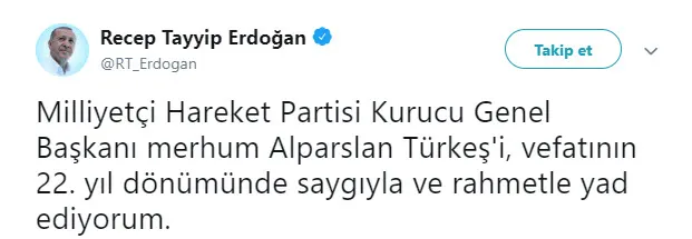 Başkan Erdoğan'dan Türkeş mesajı - 1