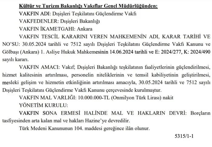 resmi-gazetede-yayimlandi-disisleri-teskilatini-guclendirme-vakfi-kuruluyor-1718402239947.jpg Resmi Gazete’de yayımlandı: Dışişleri Teşkilatını Güçlendirme Vakfı kuruluyor - 1
