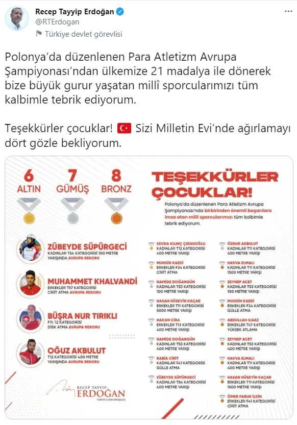 Son dakika: Başkan Erdoğan'dan milli sporculara tebrik: Sizi ağırlamayı dört gözle bekliyorum - 1