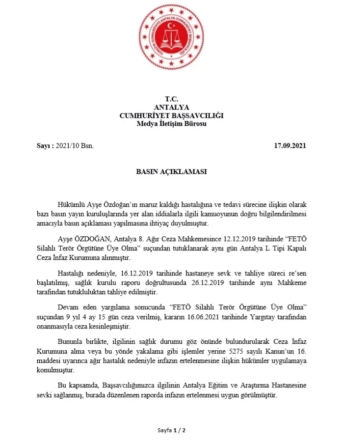 Antalya Cumhuriyet Başsavcılığından FETÖ’den ceza alan Ayşe Özdoğan ile ilgili basındaki iddialara yalanlama