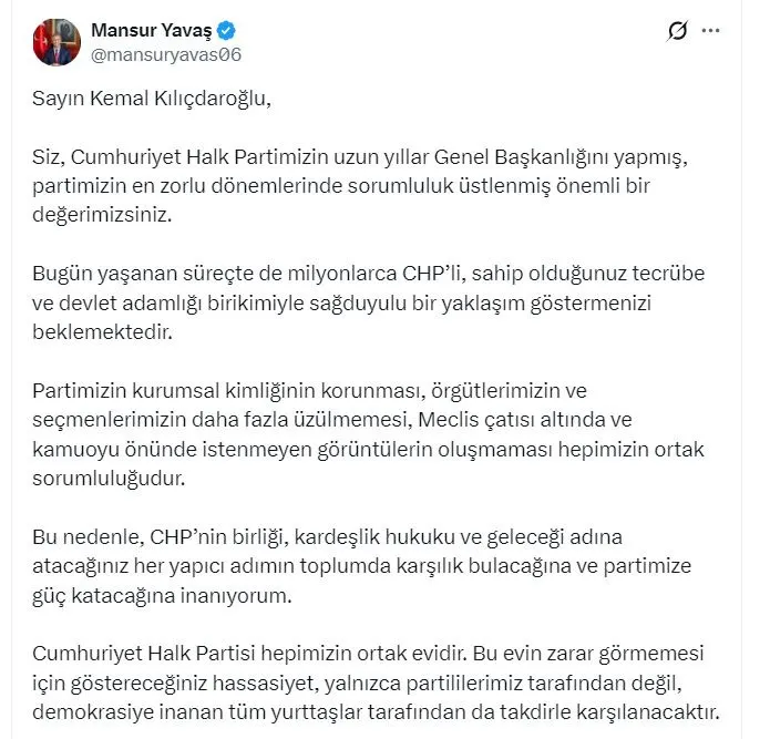 Ankara Büyükşehir Belediye Başkanı Mansur Yavaş'ın paylaşımı