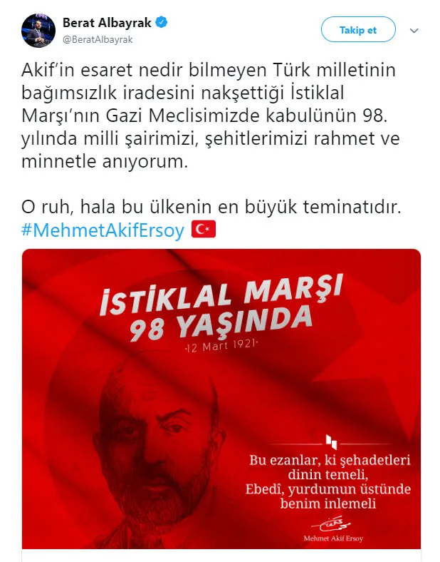 Bakan Berat Albayrak'tan İstiklal Marşı mesajı - 1