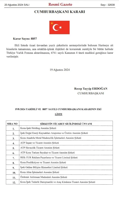 Resmi Gazete’de yayımlandı: 12 şirketin bütün hisseleri Türkiye Varlık Fonu’na aktarıldı