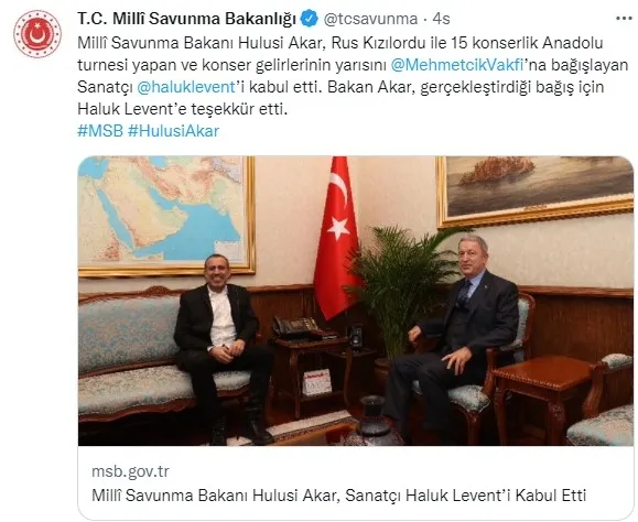 Mehmetçik Vakfı’na bağış yapan Haluk Levent Milli Savunma Bakanı Hulusi Akar'ı ziyaret etti - 1