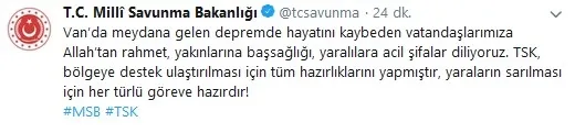 Milli Savunma Bakanlığı: TSK, Van’a destek ulaştırılması için hazırlıklarını yaptı