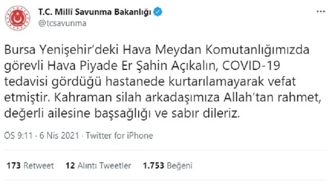Milli Savunma Bakanlığı duyurdu! Bursa'da 1 asker korona virüsten hayatını kaybetti - 1