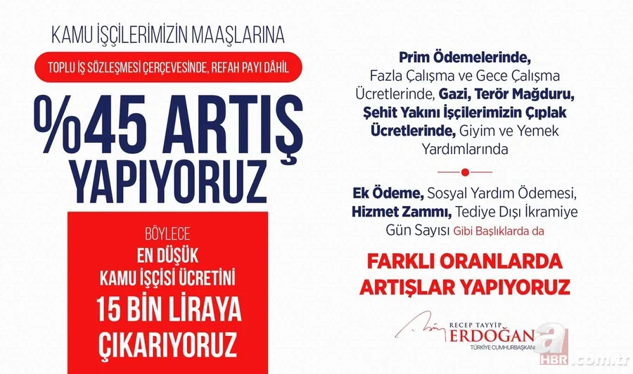 Belli oldu, %45 ek zam + Refah payı + taban maaş 15.000 TL! 700 bin işçi toplu sözleşme son dakika! Nihai zam ve maaş tablosu! Kamu işçileri, emekli, memur... 13