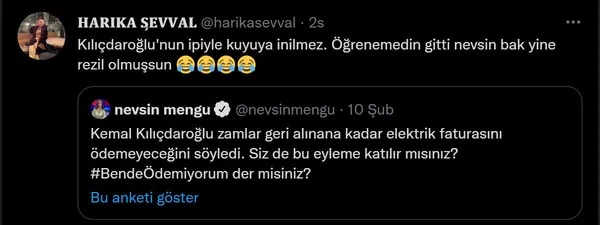 Nevşin Mengü’ye kendi anketinde büyük şok! Elektrik faturası provokasyonuna destek alay konusu oldu! AK Parti’den Kılıçdaroğlu’na sert tepki