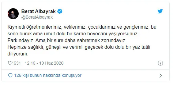 Hazine ve Maliye Bakanı Berat Albayrak'tan 'karne' paylaşımı - 1