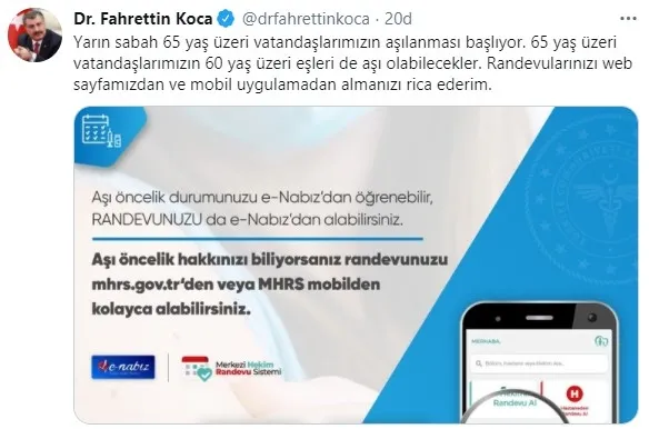 Sağlık Bakanı Fahrettin Koca'dan flaş Kovid-19 aşısı duyurusu: 65 yaş üzeri vatandaşlarımızın... - 1