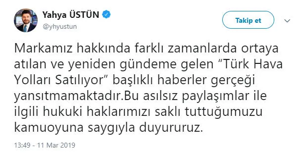 ’THY satılıyor’ iddialarına yalanlama
