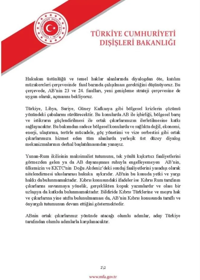 Dışişleri Bakanlığından AB’nin Türkiye mesajı hakkında açıklama: Tek taraflı bakış açısıyla kaleme alınmış!