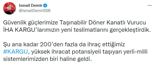 Yerli ve milli İHA KARGU TSK’ya teslim edildi