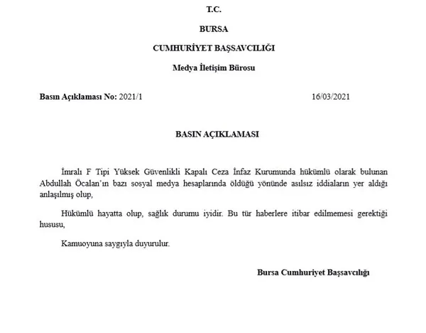 Teröristbaşı Abdullah Öcalan öldü iddialarıyla ilgili Bursa Cumhuriyet Başsavcılığı’ndan son dakika açıklaması