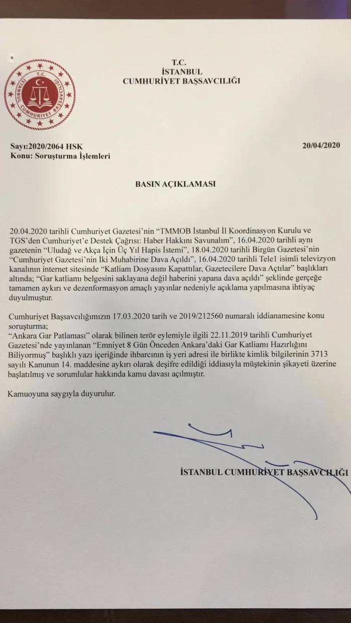 Başsavcılık’tan Cumhuriyet, Birgün ve Tele 1’in haberlerine yalanlama: Dezenformasyon amaçlı