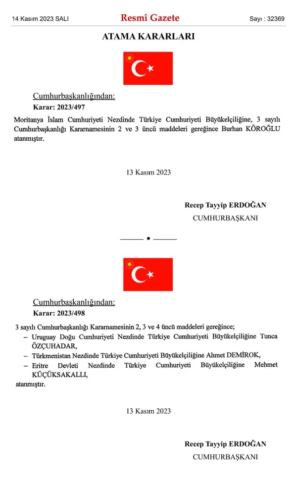 Büyükelçi atamalarına ilişkin karar Resmi Gazete’de yayımlandı