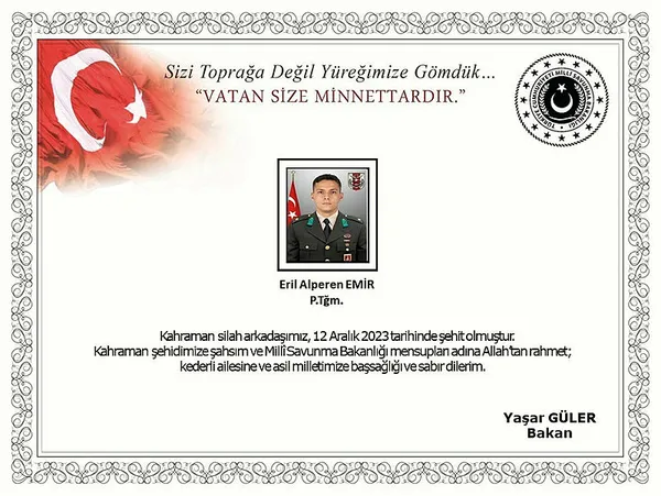 Başkan Erdoğan'dan şehit Piyade Teğmen Eril Alperen Emir'in ailesine başsağlığı mesajı - 1