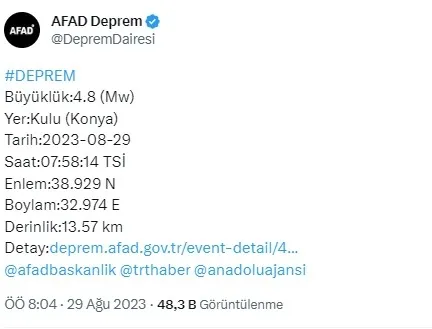 Konya’da deprem mi oldu son dakika? 29 Ağustos Konya deprem kaç şiddetinde? AFAD Kandilli son depremler listesi 2023